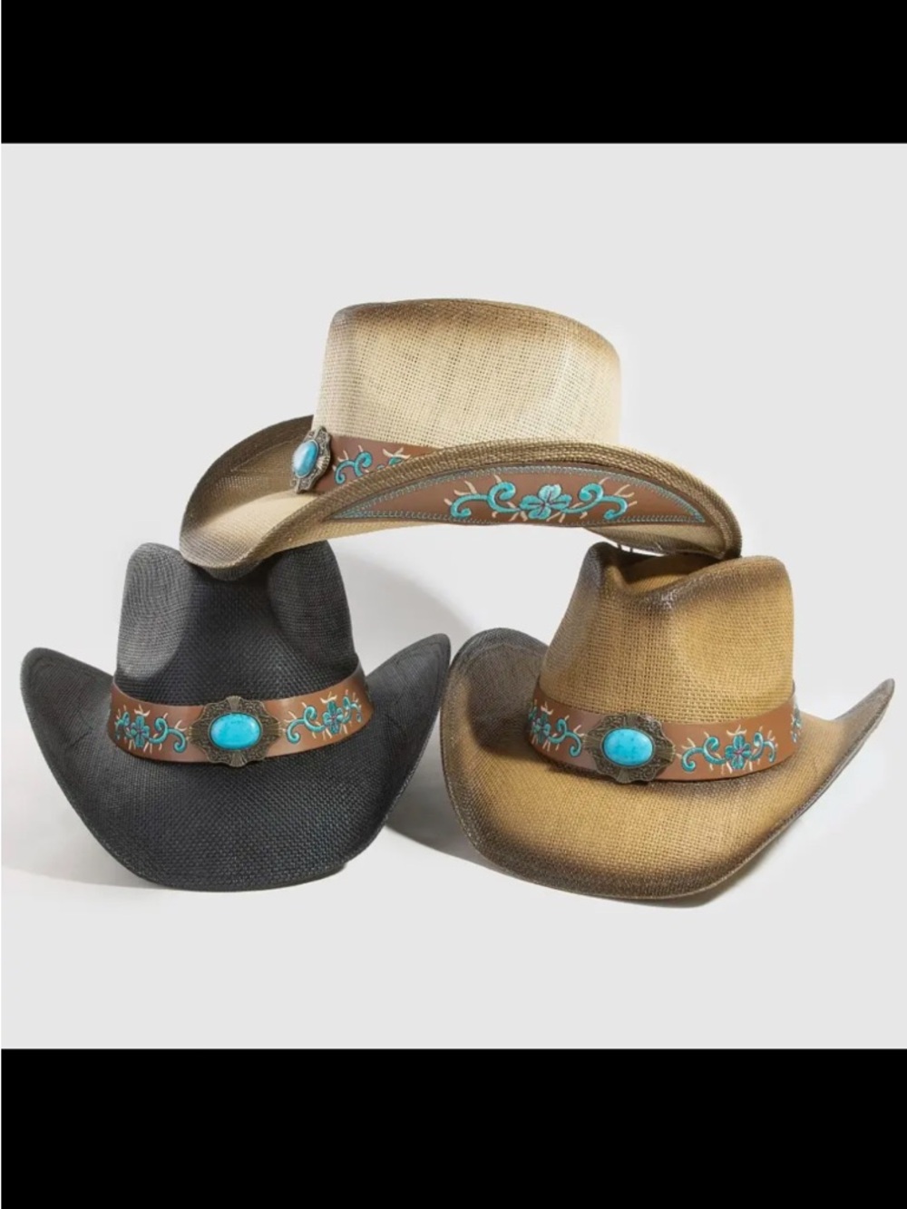 Embellished Turquoise Concho Straw Cowboy Hat - Brown/Black/Tan